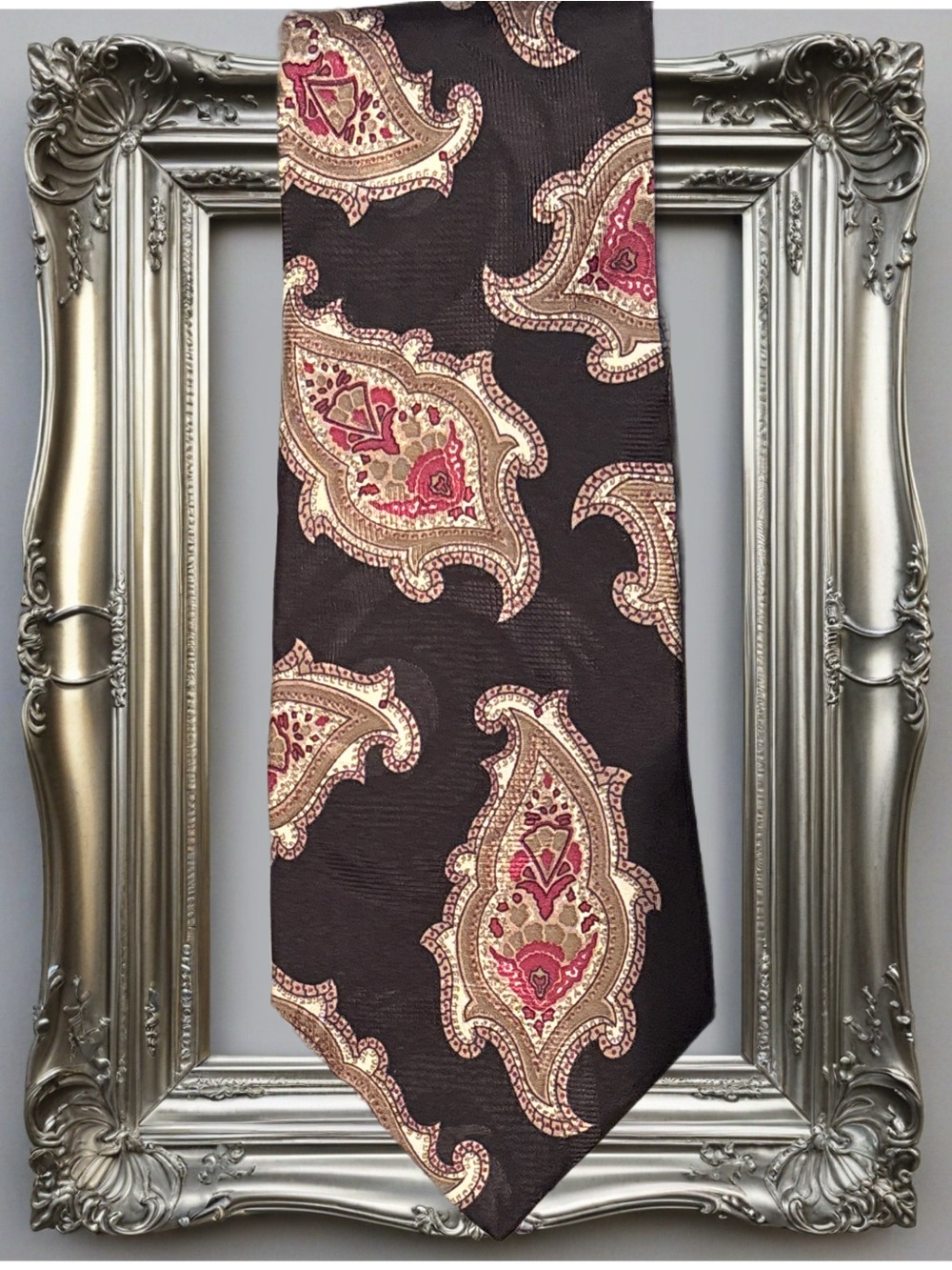 Neiman Marcus Black Silk Tie with Red and Gold Paisley